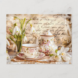 shabby chic Snowdrops and Teacups in Vintage Style Vykort
