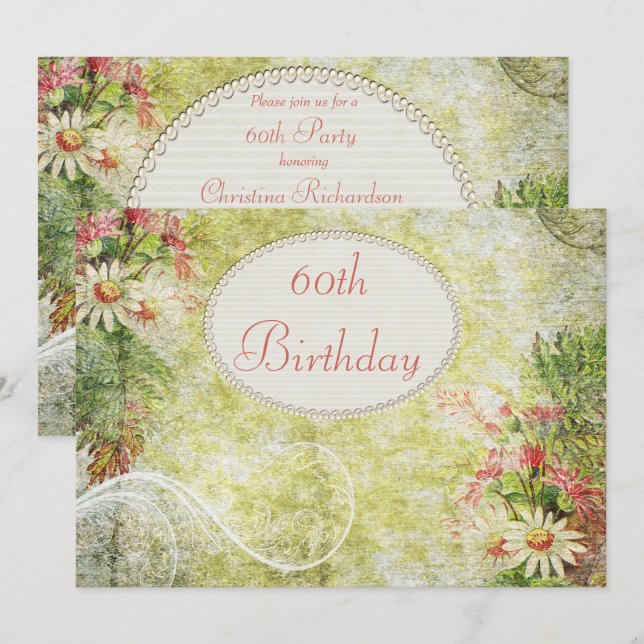 Shabby Chic Söt 60-årsdag & Vildblommor Inbjudningar (Fram/baksida)