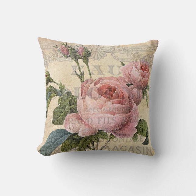 Shabby chic, söt rosa ros, fransk inspirerad kudde (Framsida)