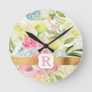 Shabby chic Söt Rosa Watercolor Ro Monogram Rund Klocka