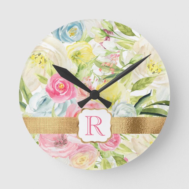 Shabby chic Söt Rosa Watercolor Ro Monogram Rund Klocka (Framsida)