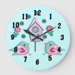 Shabby chic Stil fågelblommor Bild Rosa Teal Stor Klocka