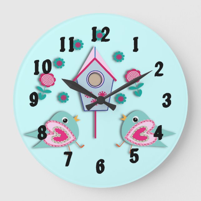 Shabby chic Stil fågelblommor Bild Rosa Teal Stor Klocka (Framsida)