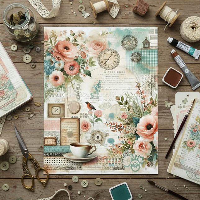 Shabby chic stuga kärna collage scrapbook papper (Skapare uppladdad)