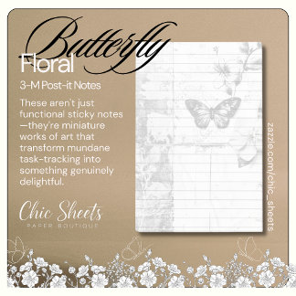 Shabby Chic Svart & Vit Fjäril Blommig 3M Post-it Block