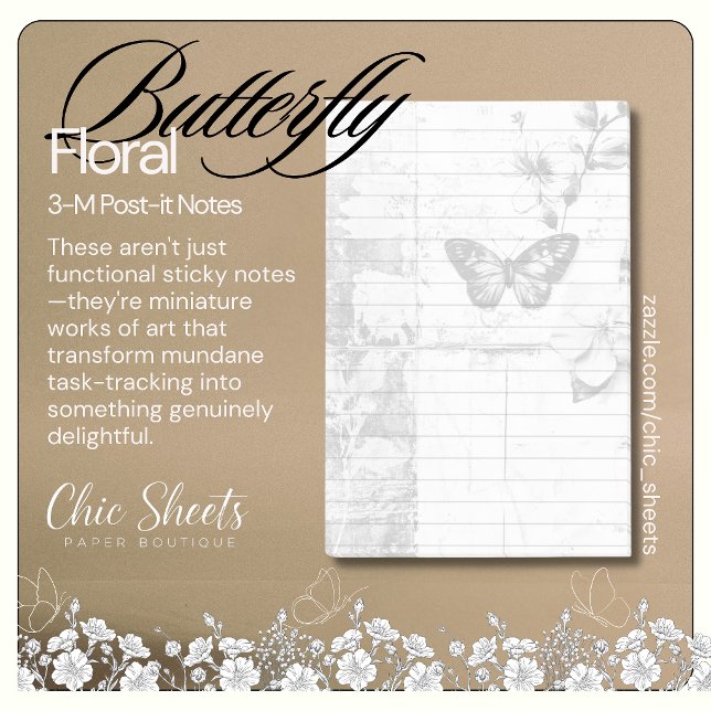 Shabby Chic Svart & Vit Fjäril Blommig 3M  Post-it Block (Skapare uppladdad)
