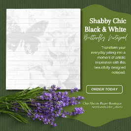 Shabby Chic Svart & Vit Fjäril Blommig Linjerad Anteckningsblock