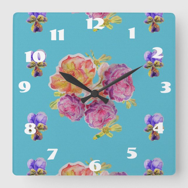 Shabby Chic Teal Rosor Rose Konst Damrum Uhr Fyrkantig Klocka (Framsida)