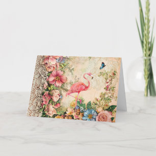 Shabby Chic Vattenfärg Blommig Flamingo Kort