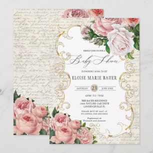 Shabby Chic Vintage Franska Rosor Barnkalas Inbjudningar
