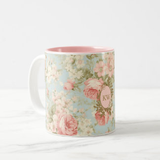 Shabby chic Vintage Rosa ros Blommigt Monogram Två-Tonad Mugg