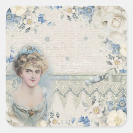 Shabby Chic Vintage Victoriansk Dam Med Blommor Fyrkantigt Klistermärke