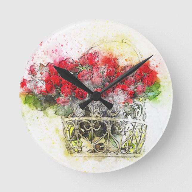 Shabby chic Watercolor Röd ros i Basket Rund Klocka (Framsida)