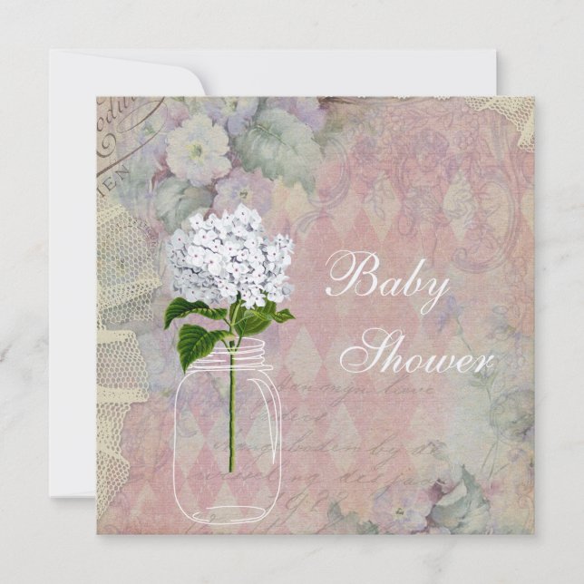 Shabby chicMasonburk & vanlig hortensiababy shower Inbjudningar (Framsida)