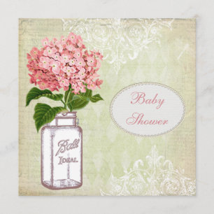 Shabby chicMasonburk & vanlig hortensiababy shower Inbjudningar