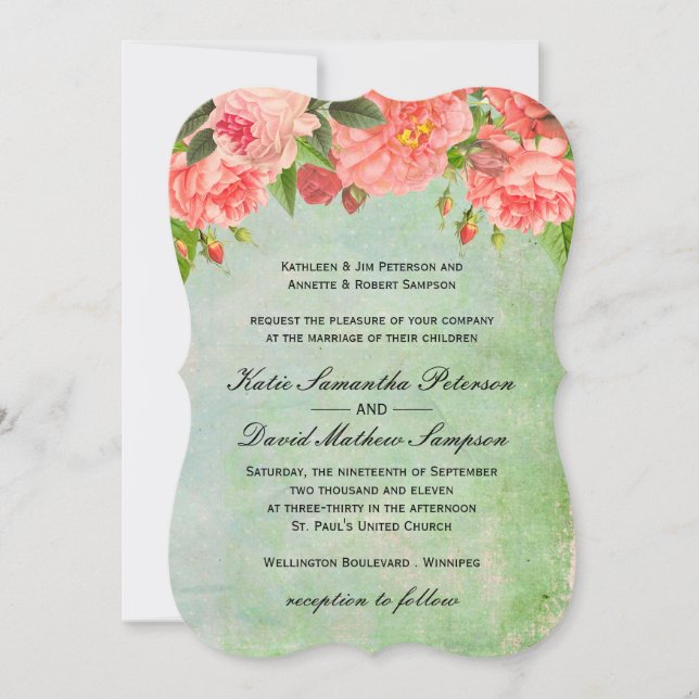 Shabby chicrosa ros som gifta sig inbjudan (Framsida)