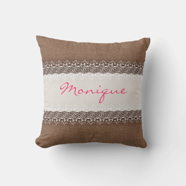Shabby chicsnöre på lantlig Burlap - rosa Monogram Kudde (Framsida)