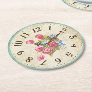 Shabby Clock with Tulips Tea Party Underläggs Underlägg Papper Rund