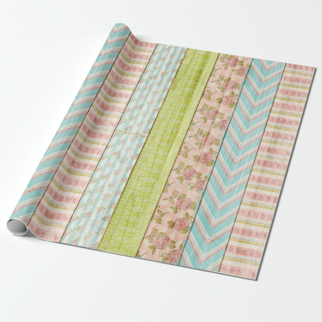 Shabby Cottage Chic Ro Rustic Wood Blommigt Presentpapper (Utrullad)