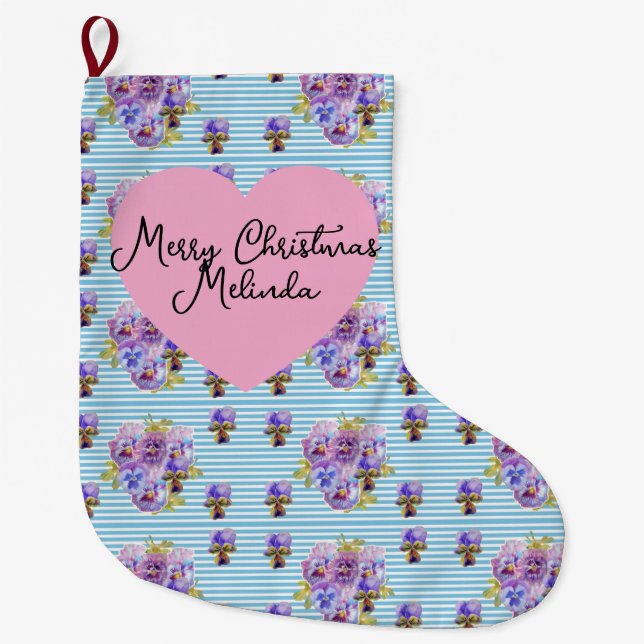 Shabby Floral Pastel Blue Christmas Girls Name Stor Julstrumpa (Framsidan)