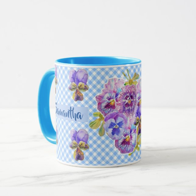 Shabby Pansy Blommigt Blue Gingham Flowers Girls Mugg (Framsida vänster)
