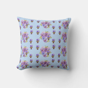Shabby Pansy Blommigt Blue Gingham Flowers Retro Kudde