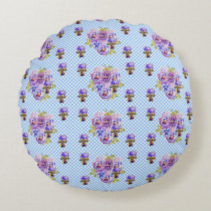 Shabby Pansy Blommigt Blue Gingham Flowers Retro Rund Kudde