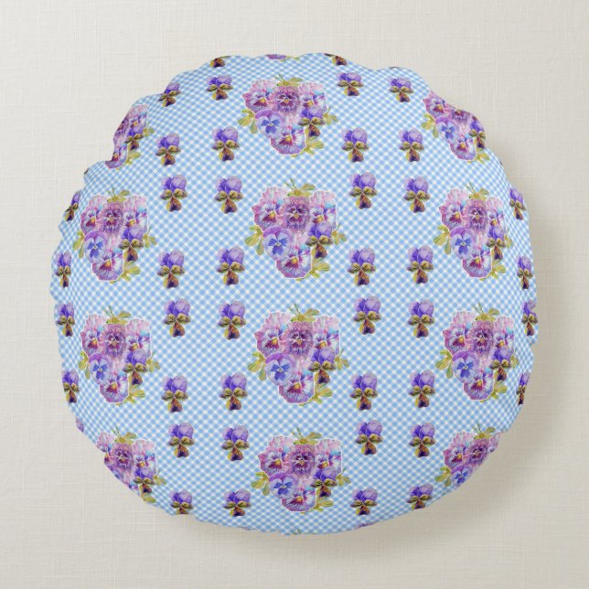 Shabby Pansy Blommigt Blue Gingham Flowers Retro Rund Kudde (Framsidan)