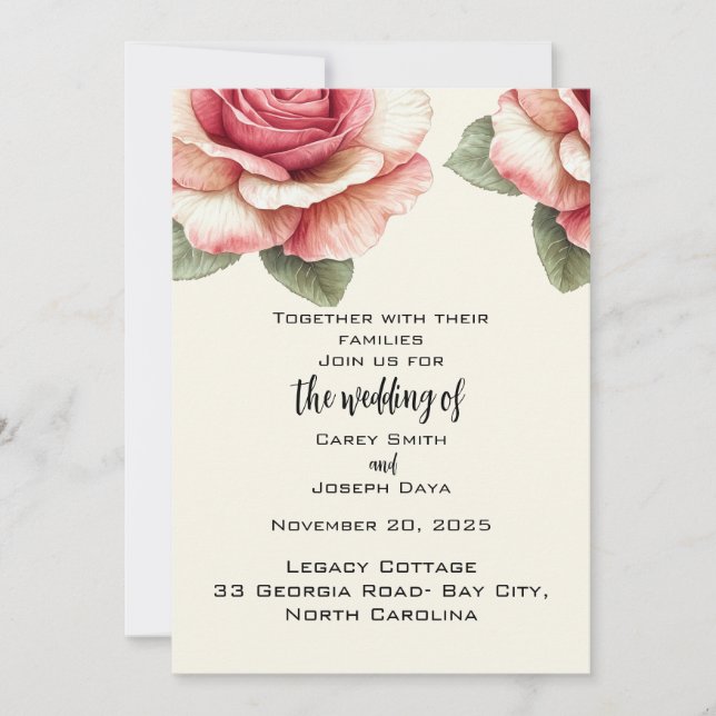 Shabby Pink Rose Wedding  Inbjudningar (Framsida)
