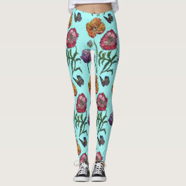 Shabby Poppy Red Lila on Aqua Turkvoise Art Leggings