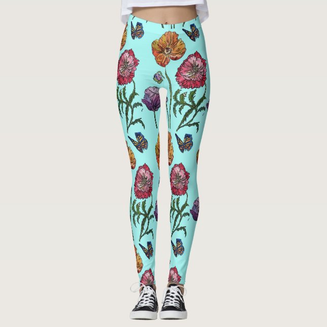 Shabby Poppy Red Lila on Aqua Turkvoise Art Leggings (Framsida)