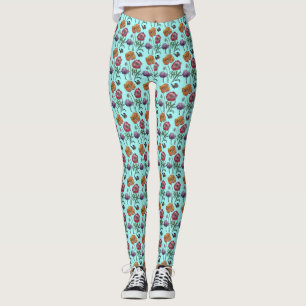 Shabby Poppy Red Lila on Aqua Turkvoise Art Leggings