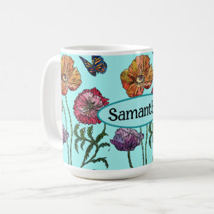 Shabby Poppy Red Lila på Aqua Anpassade Namn Kaffemugg