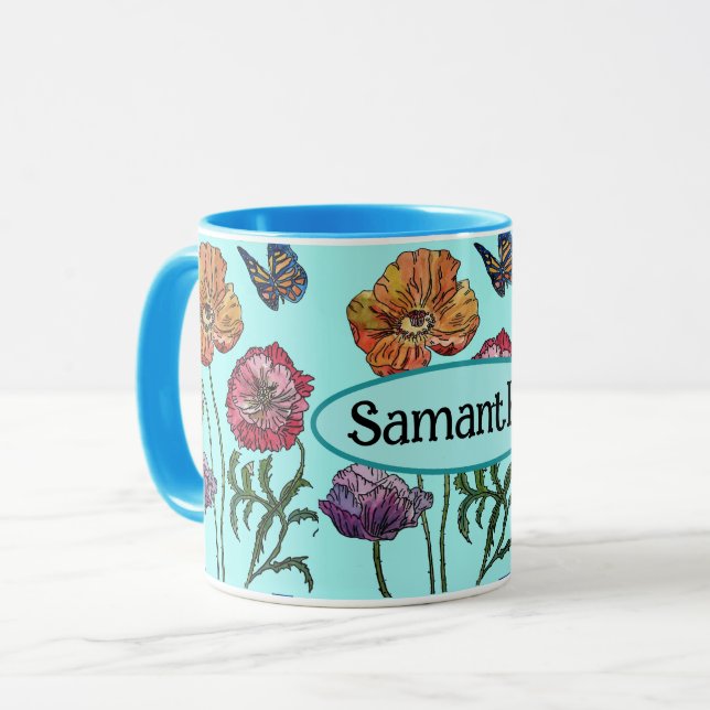 Shabby Poppy Red Lila på Aqua Anpassade Namn Mugg (Framsida vänster)