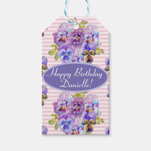 Shabby Rosa Pansy Blommigt Party Lila Rand Presentetikett (Framsidan)