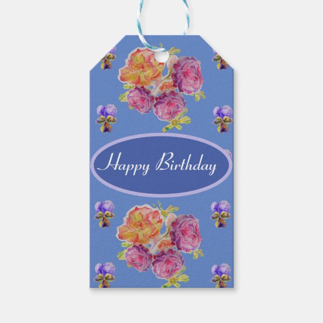 Shabby Rosa Pansy Blommigt Ro Blue Presentetikett (Framsidan)