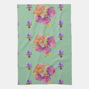 Shabby Rosa ros om Grönt Blommigt Kitchen Tea Towe Kökshandduk