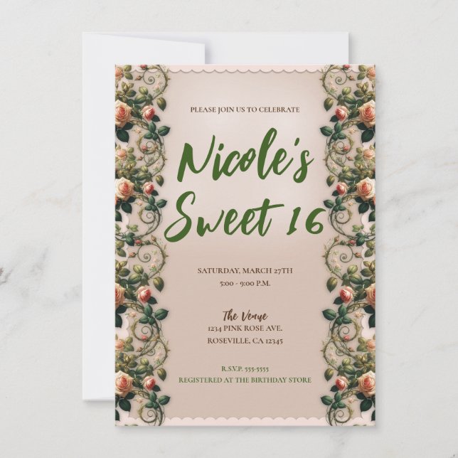 Shabby Rosa ros Vines Blommigt Sweet 16 Birthday Inbjudningar (Framsida)