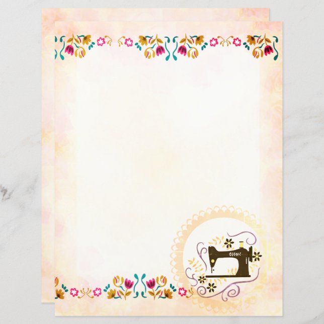Shabby Sewing Maskin Blommigt Stationery Papper (Fram/baksida)