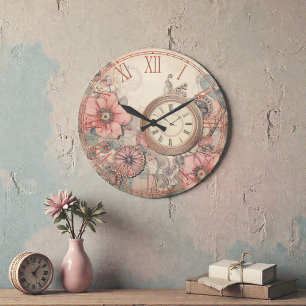 Shabby Steampunk-klockor och blommor Väggklocka