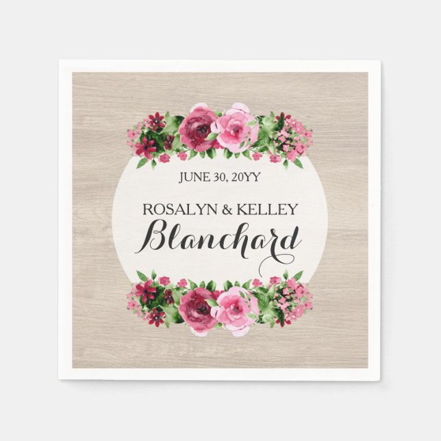 Shabby Vintage Ro Rustic Wood Bröllop Anpassningsb Pappersservett (Framsidan)