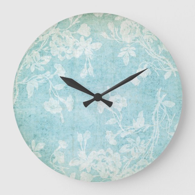 Shabby White och Blue Blommigt Stor Klocka (Framsida)