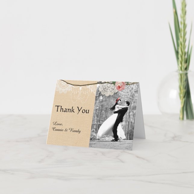 Shabbychic Burlap Rosa Blommigt Snöre Bröllop Tack (Framsida)