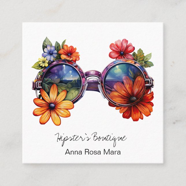 *~* Shades Glasses AP57 Boho QR BoldRetro Flowers Fyrkantigt Visitkort (Framsida)