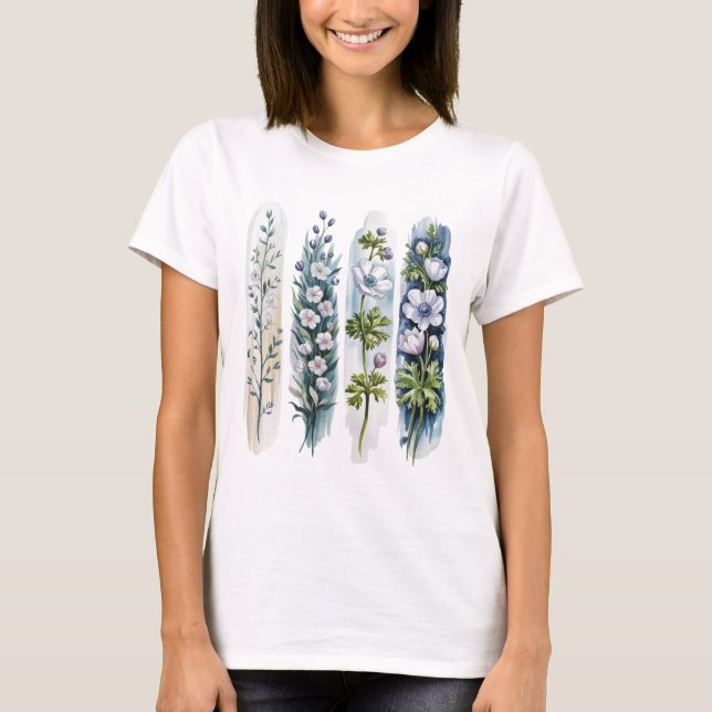 SHADES OF BLUE POPPY ANEMONE FLOWERS T SHIRT (Framsida)