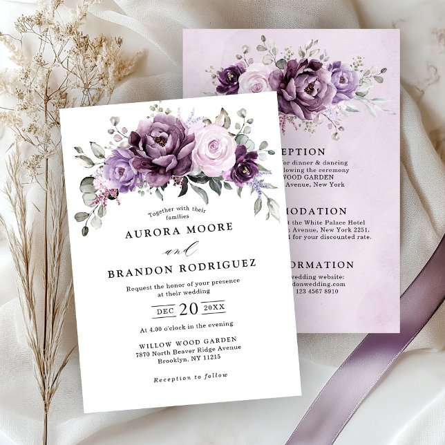 Shades of Dusty Lila Blooms All in One Bröllop Inbjudningar (Shades of Dusty Purple Blooms All in One details on back Wedding Invitation)
