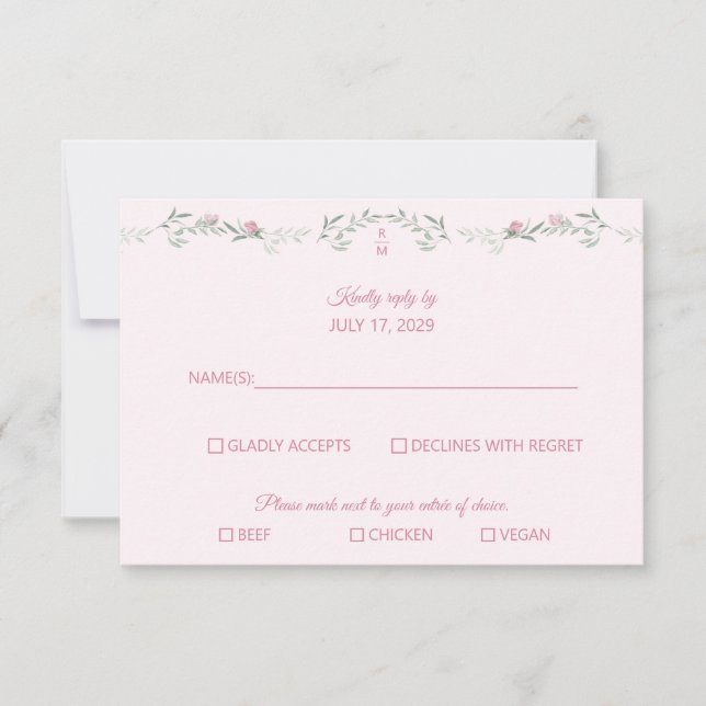 Shades of Pink Foliage Monogram RSVP Response Card OSA Kort (Framsida)