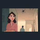 Shadow Above Poster<br><div class="desc">In a quiet, sharply lit hallway, a young woman holds a tray of pizza, unaware that the ordinary has shifted into suspense. Above her, three shadowed figures cling to the ceiling, their spindly legs casting long, tense silhouettes against the pale surface. The room is split between darkness and warmth—the left...</div>