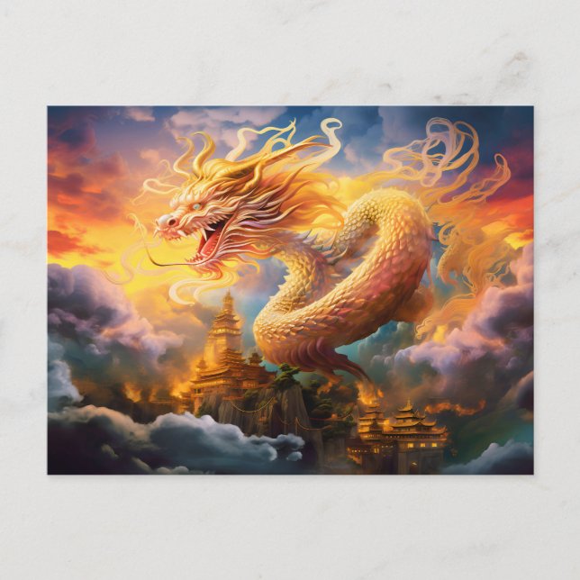 Shadow & Shine – Kinesisk Airbrush-Drake i Guld o Vykort (Framsida)