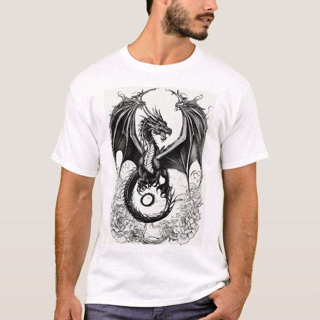 Shadowfire Guardian: Mystical Dragon Black Print T Shirt (Framsida)